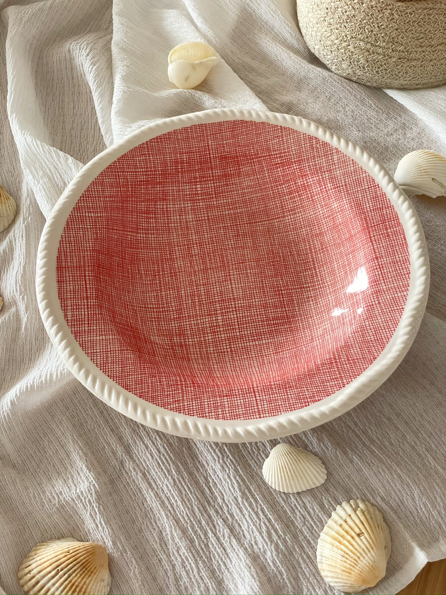 Crimson Crosshatch Ceramic Serving Plate