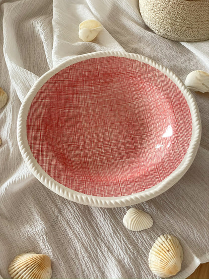 Crimson Crosshatch Ceramic Serving Plate