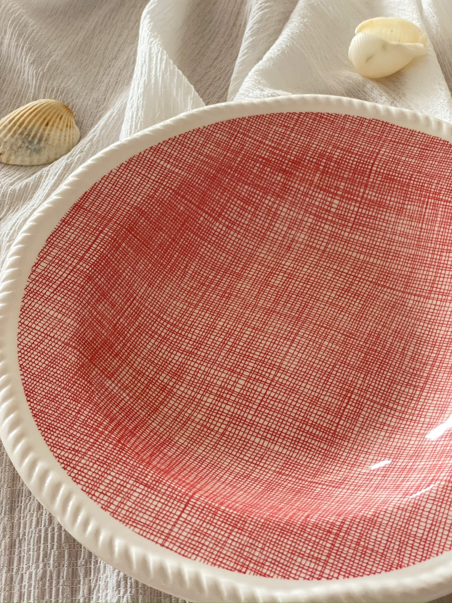 Crimson Crosshatch Ceramic Serving Plate close up