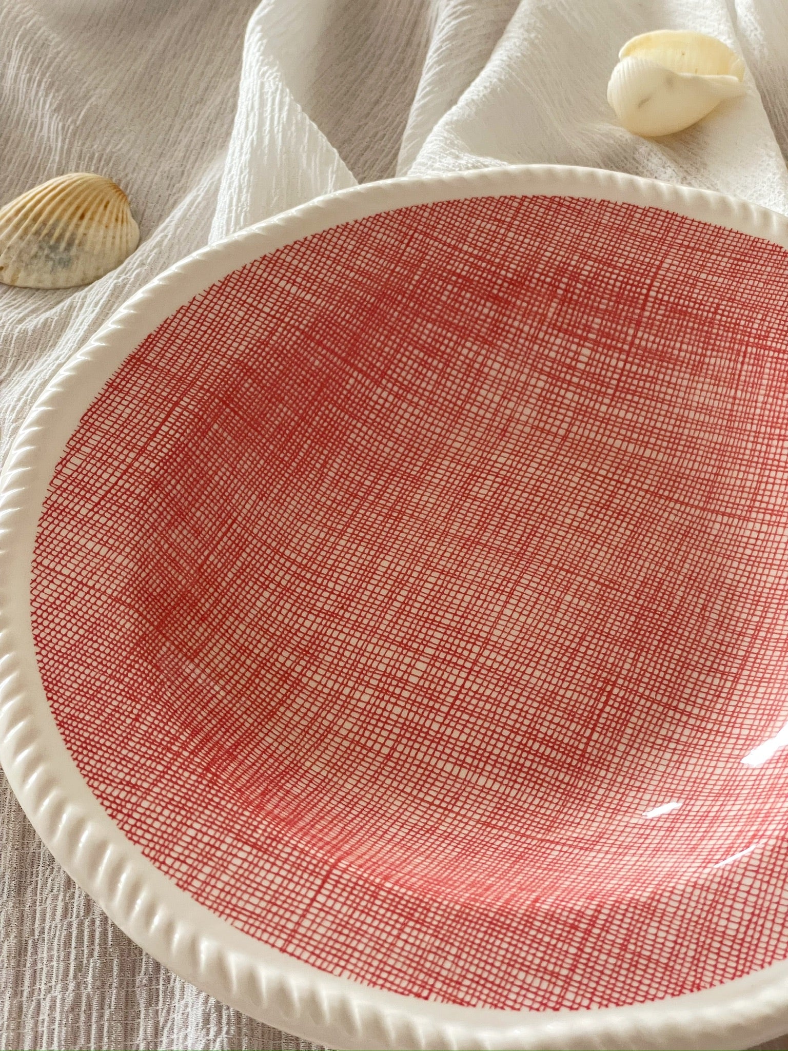 Crimson Crosshatch Ceramic Serving Plate close up