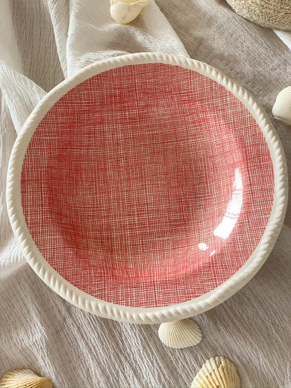 Crimson Crosshatch Ceramic Serving Plate front