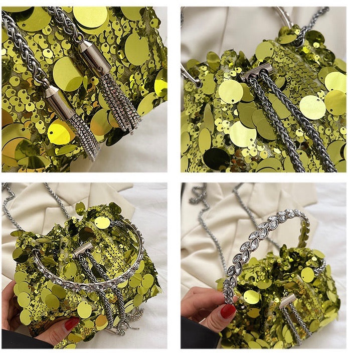 Celestial Lumière Sequin Bag gold details