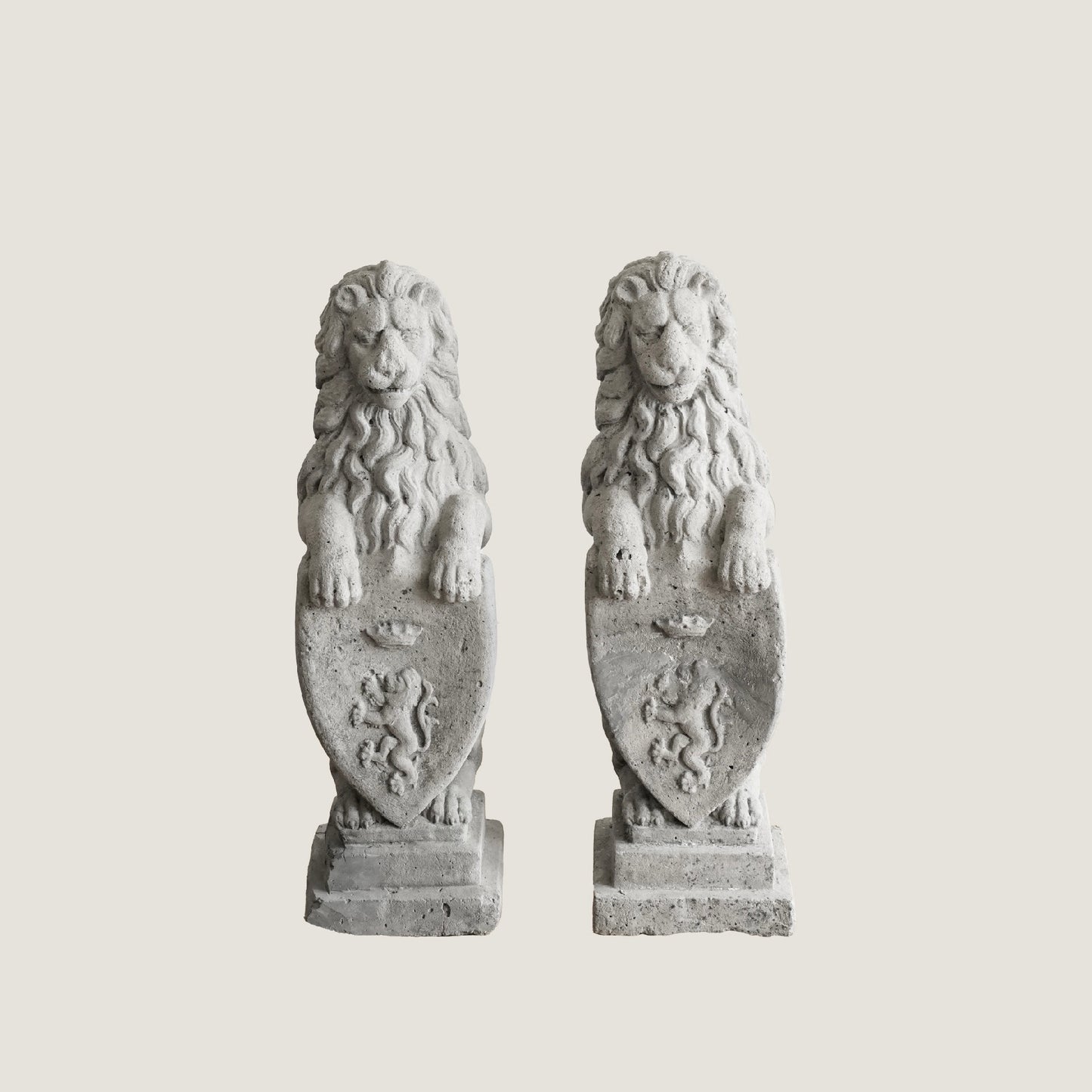 Pair of British Concrete Shield Lions — Garden or Entryway Statues