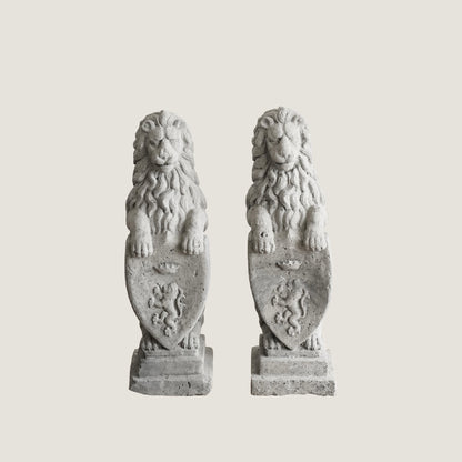 Pair of British Concrete Shield Lions — Garden or Entryway Statues