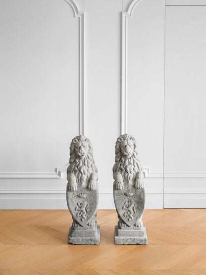 Pair of British Concrete Shield Lions — Garden or Entryway Statues