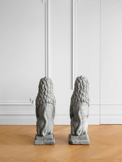 Pair of British Concrete Shield Lions — Garden or Entryway Statues