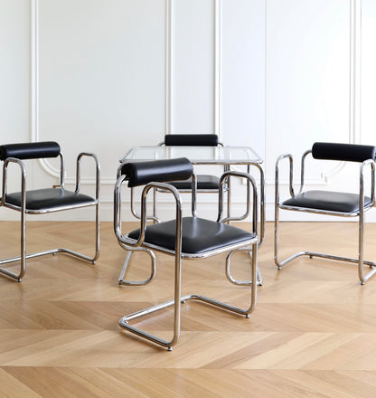 1970s French Bauhaus Style Dining Table and Chairs Set — Chrome and Leather