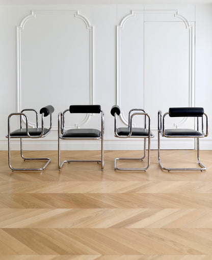1970s French Bauhaus Style Dining Table and Chairs Set — Chrome and Leather