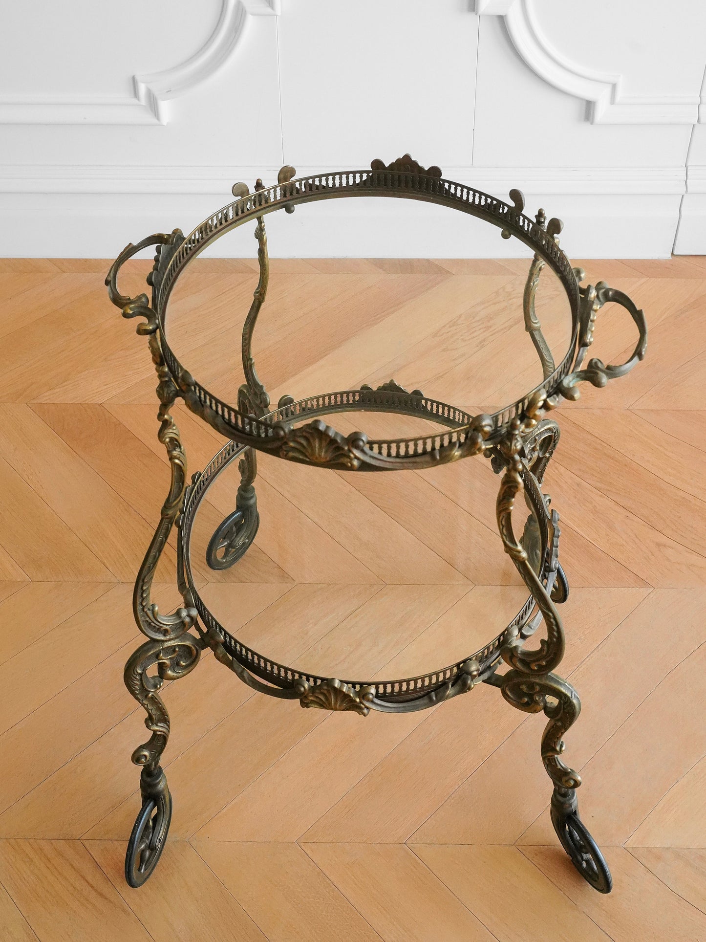 Empire Style Italian Brass and Glass Bar Trolley — Ornate Antique Drinks Cart