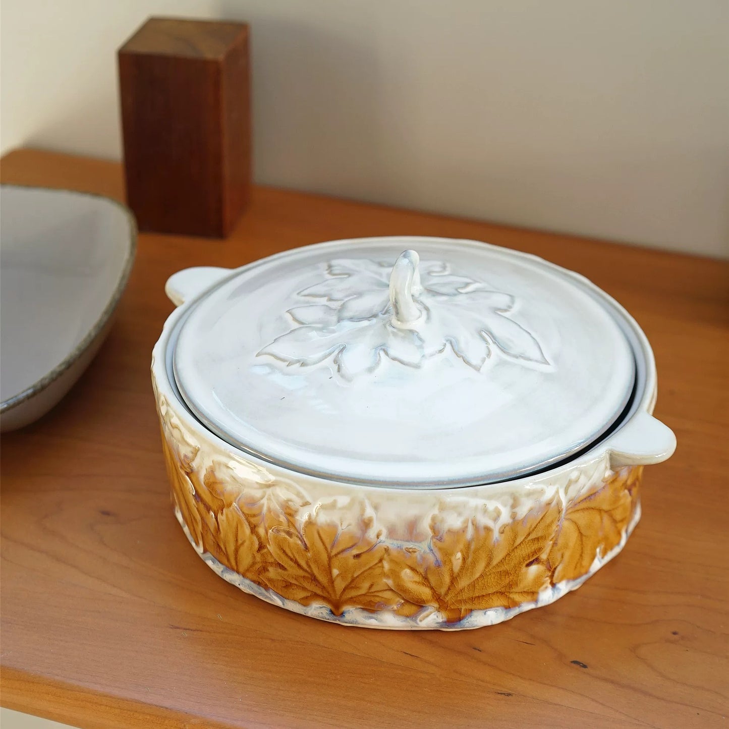 Vintage Embossed Maple Leaf Ceramic Soup Tureen