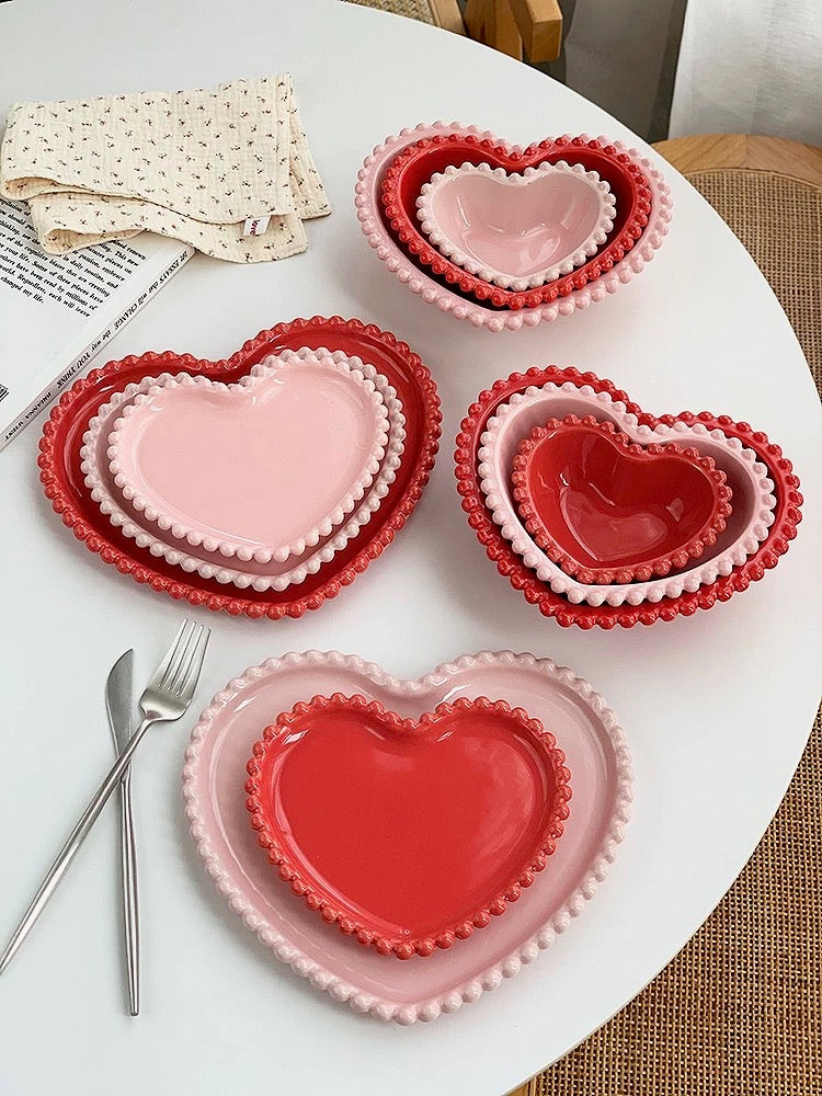 Heart-Shaped Valentine's Day Ceramic Plates and Bowls table display