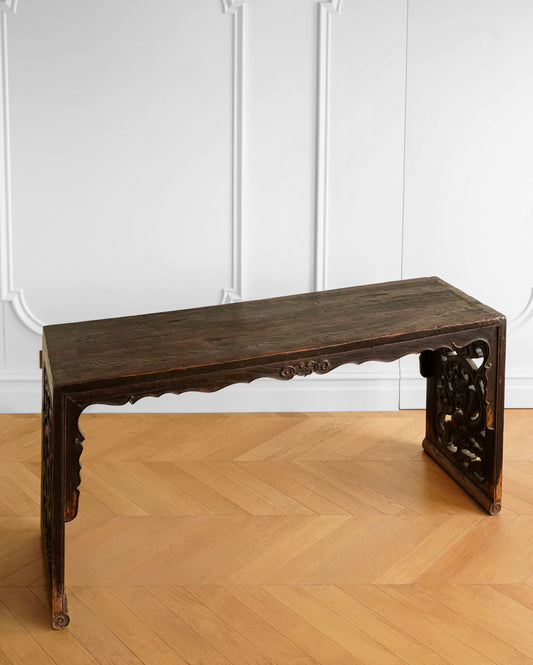 Chinese Elm Wood Console Table with Hand-Carved Qilin Panels