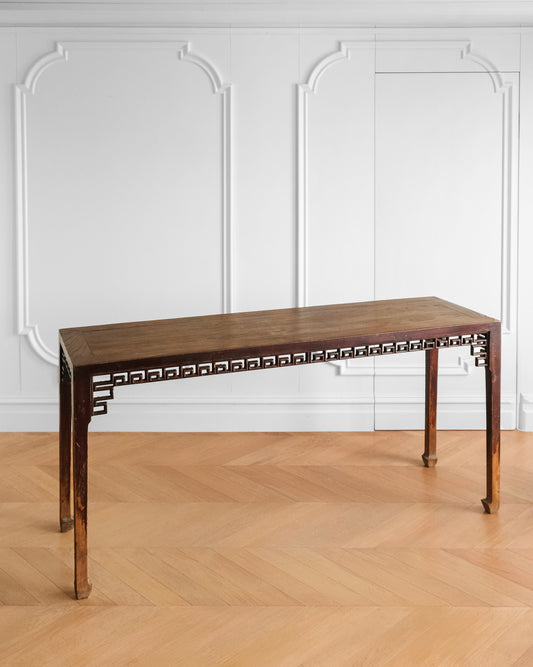 Chinese 20th Century Wood Console Table with Carved Key-Fret Apron