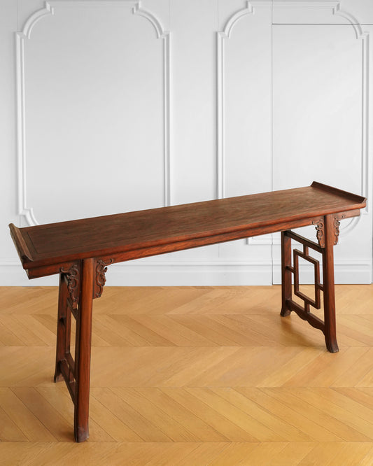 Chinese 20th Century Rosewood Console Table with Raised Ends and Square Motif Stretchers