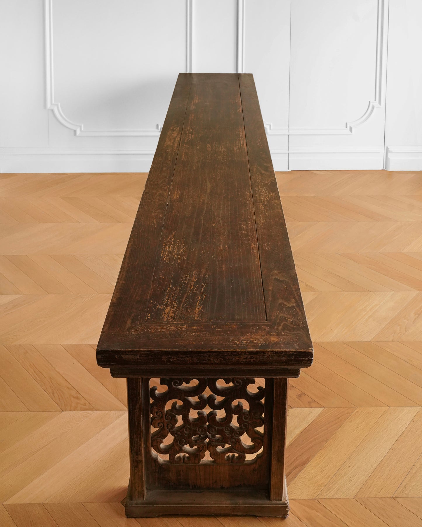 Chinese 20th Century Elm Carved Cloud Motif Console Table