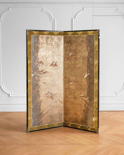 Japanese Edo Period Silver Foil Folding Screen with Sparrows in Rice Fields