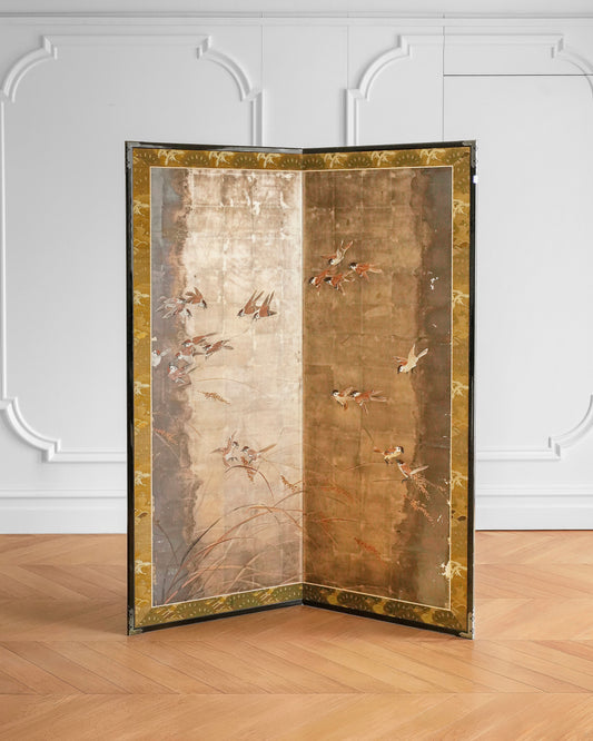 Japanese Edo Period Silver Foil Folding Screen with Sparrows in Rice Fields