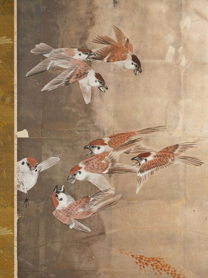 Japanese Edo Period Silver Foil Folding Screen with Sparrows in Rice Fields