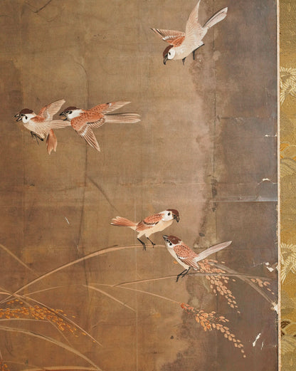 Japanese Edo Period Silver Foil Folding Screen with Sparrows in Rice Fields