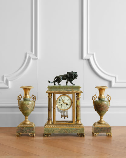 Gilded Agate and Bronze Lion Mantel Clock Set of Three