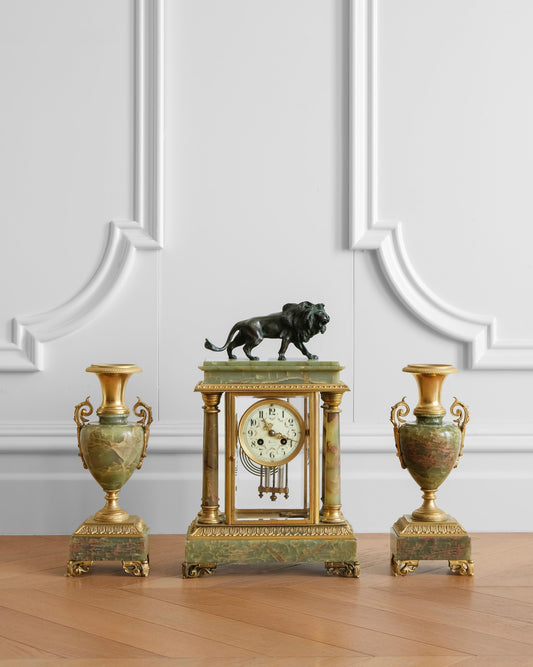 Gilded Agate and Bronze Lion Mantel Clock Set of Three