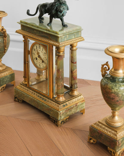 Gilded Agate and Bronze Lion Mantel Clock Set of Three