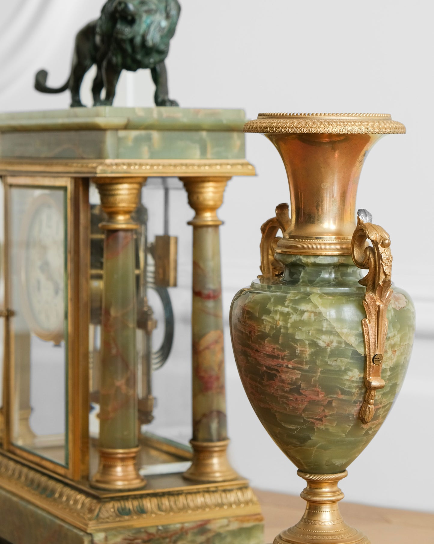 Gilded Agate and Bronze Lion Mantel Clock Set of Three