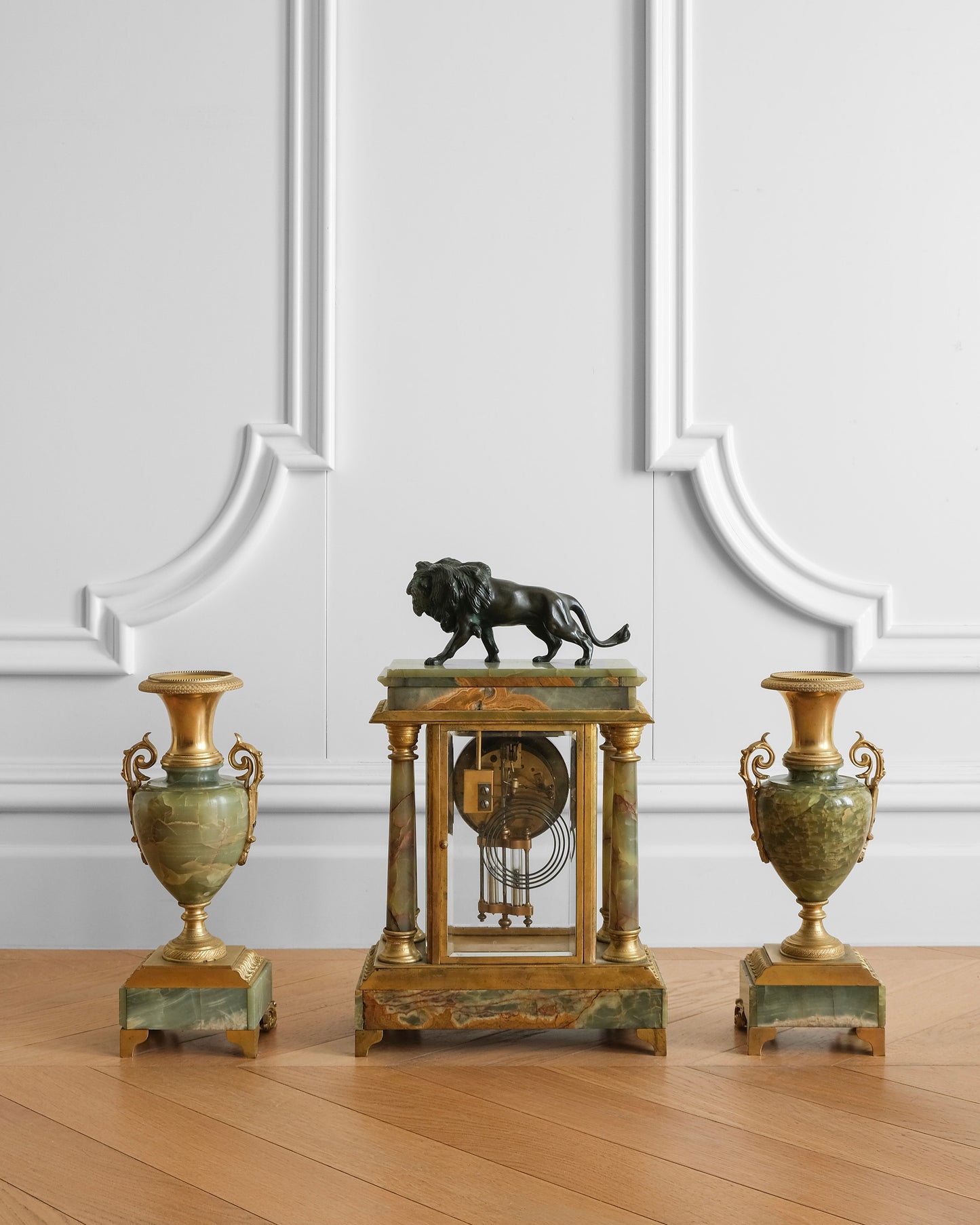 Gilded Agate and Bronze Lion Mantel Clock Set of Three