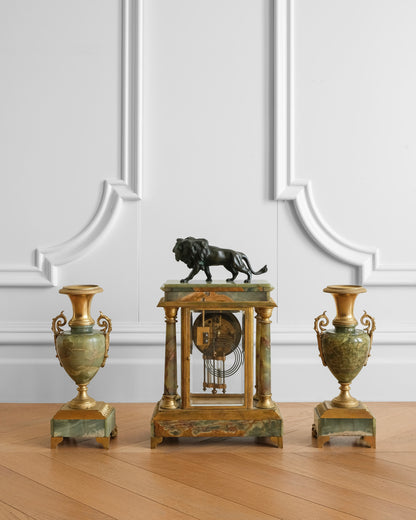 Gilded Agate and Bronze Lion Mantel Clock Set of Three