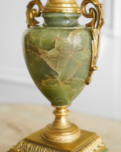 Gilded Agate and Bronze Lion Mantel Clock Set of Three