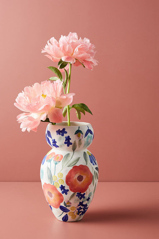 Hand-Painted Floral Ceramic Vase large with flowers