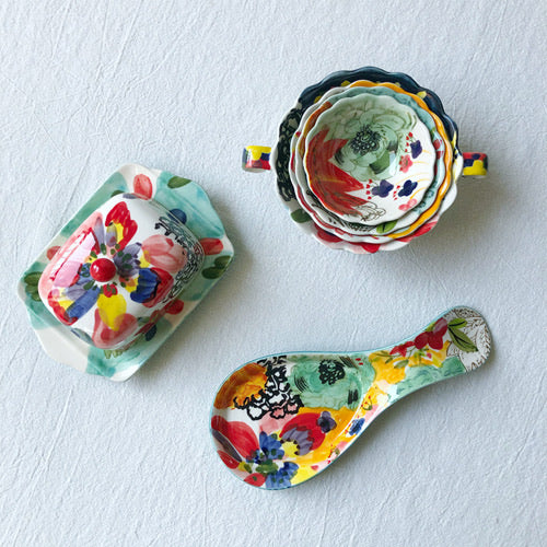 Hand-Painted Floral Butter Dish & Spoon Set