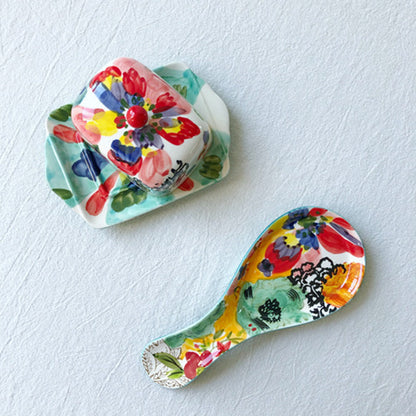 Hand-Painted Floral Butter Dish & Spoon Set