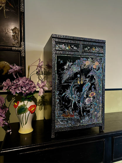 Mid-20th Century Eastern-Style Lacquered Inlaid Cabinet front