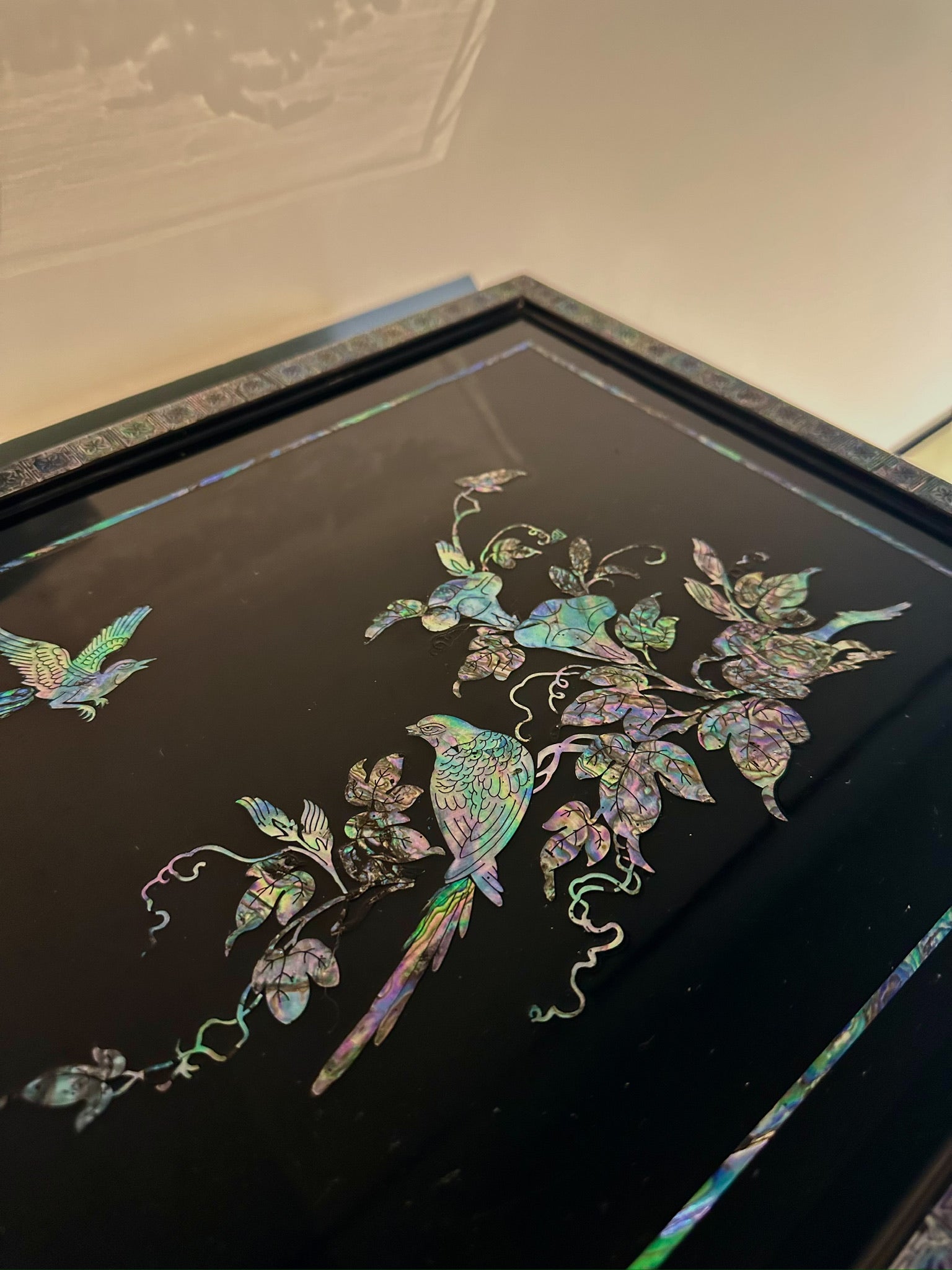 Mid-20th Century Eastern-Style Lacquered Inlaid Cabinet top close up