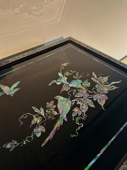 Mid-20th Century Eastern-Style Lacquered Inlaid Cabinet top close up