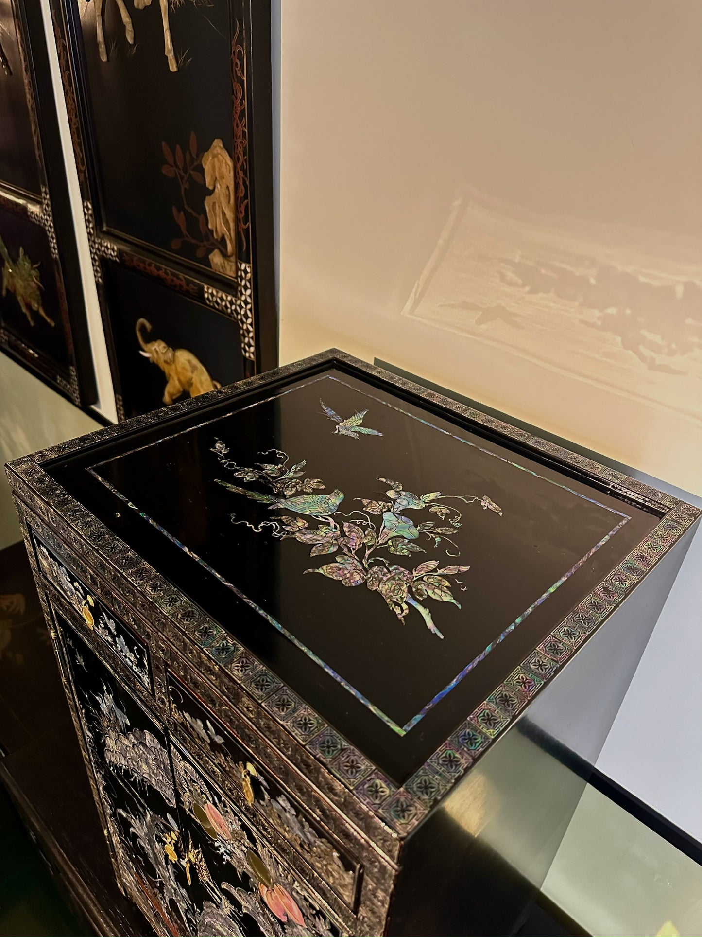 Mid-20th Century Eastern-Style Lacquered Inlaid Cabinet top