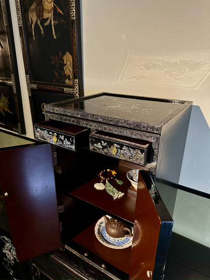 Mid-20th Century Eastern-Style Lacquered Inlaid Cabinet open from top