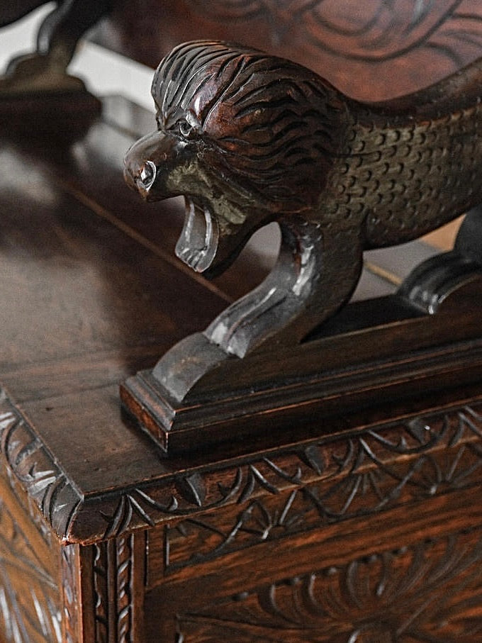 British Oak Folding Bench Storage Cabinet close up