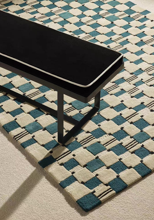 Grid Echo Handwoven Rug – Deep Blue