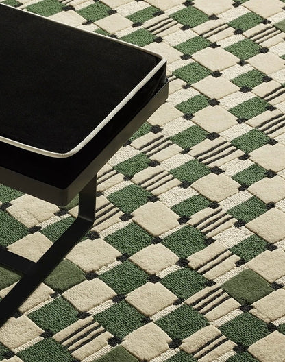 Grid Echo Handwoven Rug – Forest Green
