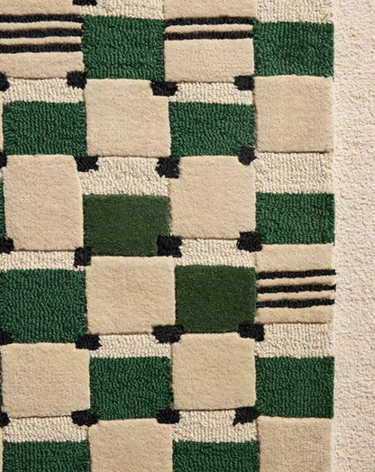 Grid Echo Handwoven Rug – Forest Green