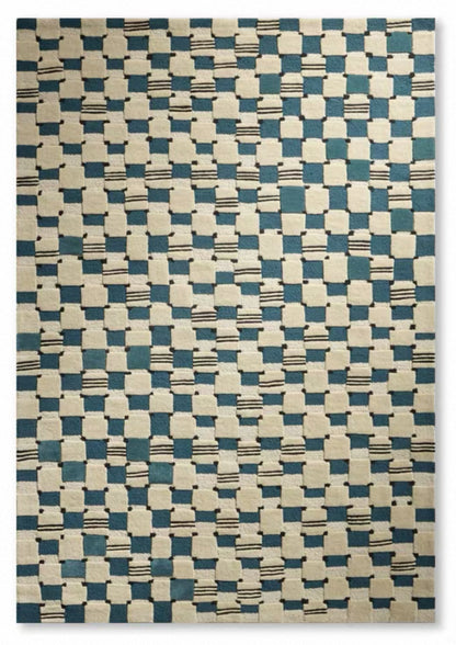 Grid Echo Handwoven Rug – Deep Blue