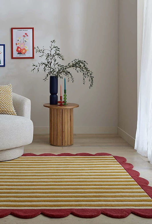 Candystripe Scallop Handwoven Rug – Raspberry & Mustard
