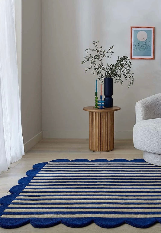 Candystripe Scallop Handwoven Rug – Deep Blue & Soft Sand
