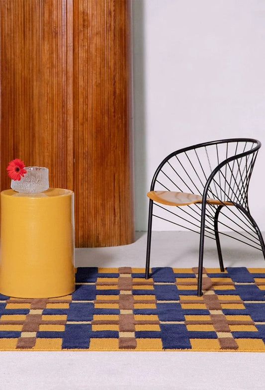 Gridplay Handwoven Rug – Amber Gold & Cobalt