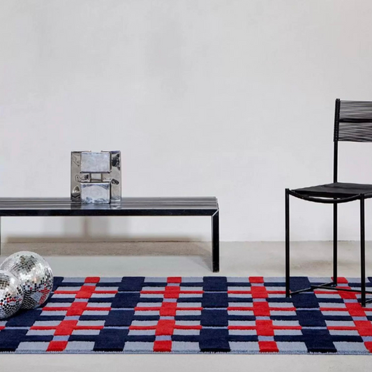Gridplay Handwoven Rug – Brick Red & Morandi Blue