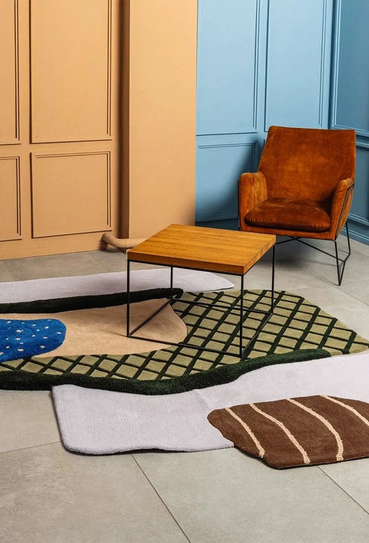 Contour Collage Handwoven Rug – Olive, Beige & Cobalt Blue