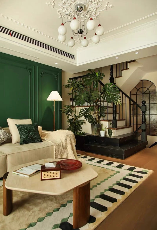 Deco Frame Handwoven Rug – Sand Beige & Emerald Green