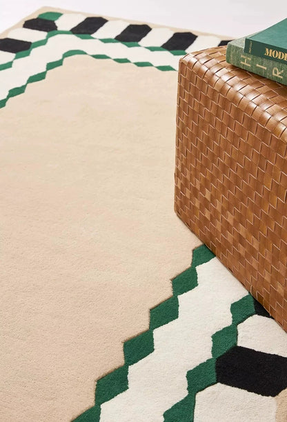Deco Frame Handwoven Rug – Sand Beige & Emerald Green